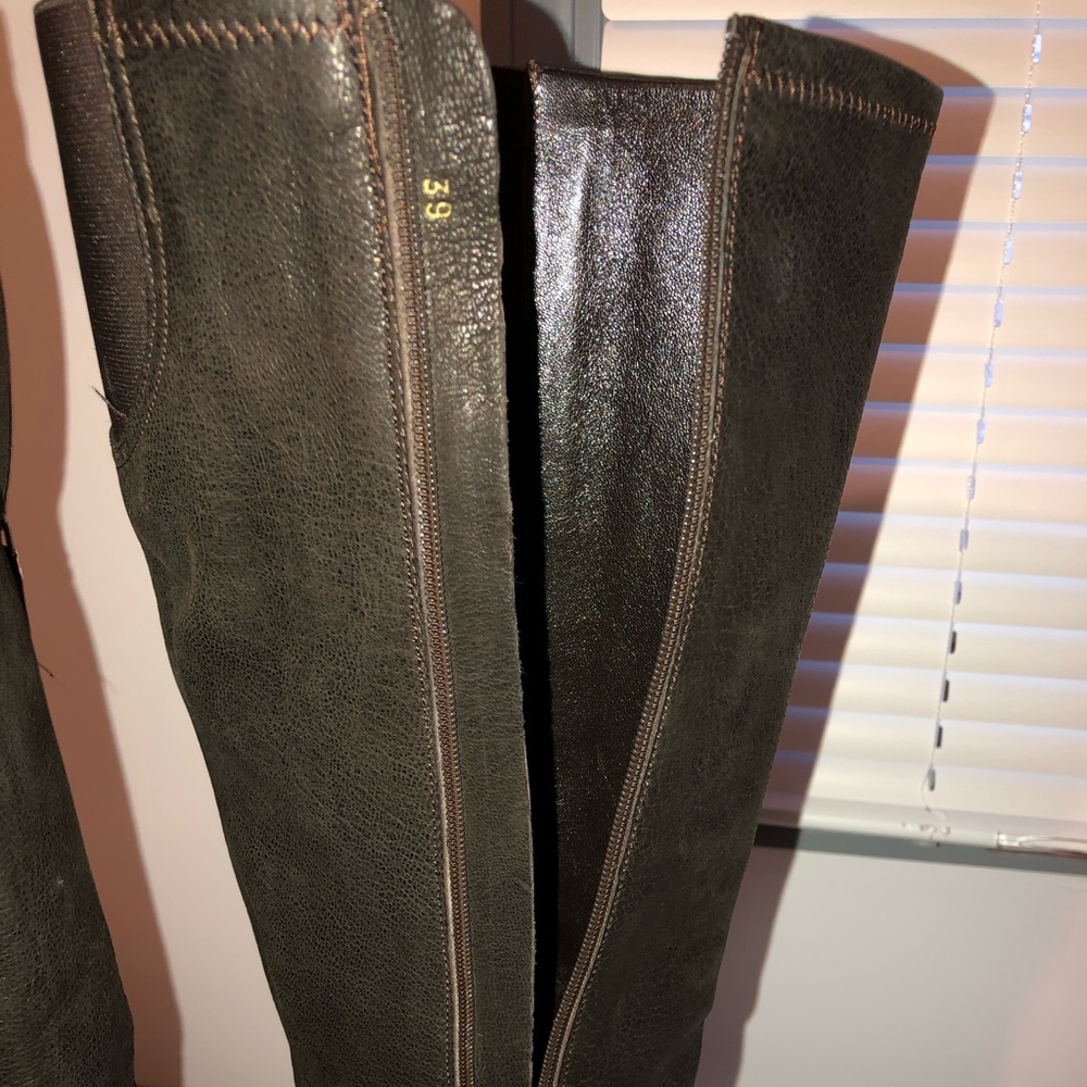 Prada Brown Leather Knee High Wedge Heel Boots - Picture 3 of 6